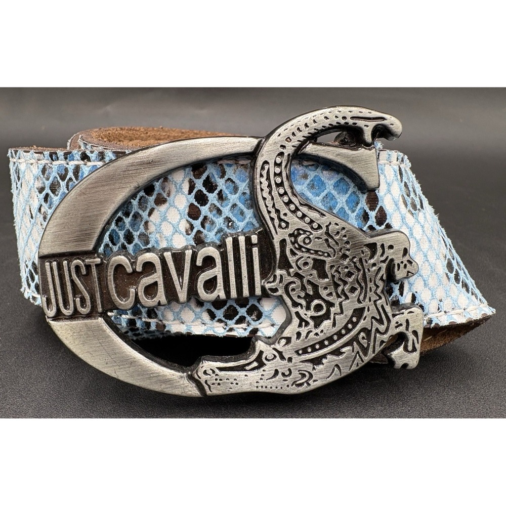Just Cavalli Croc Leather Belt Blue Black White Crocodile Buckle Size 31-36 EUC